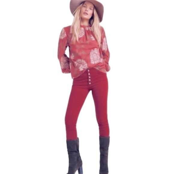 Anthropologie Pilcro High Rise Skinny Jeans Exposed Button Fly in Red Size 27 - Picture 2 of 5